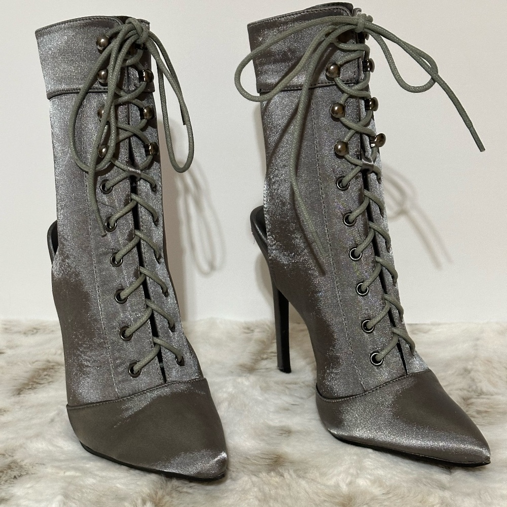 * So Me Grey Satin Lace Up Pointy Toe Ankle Boots 4 1/2" Stiletto Heels
